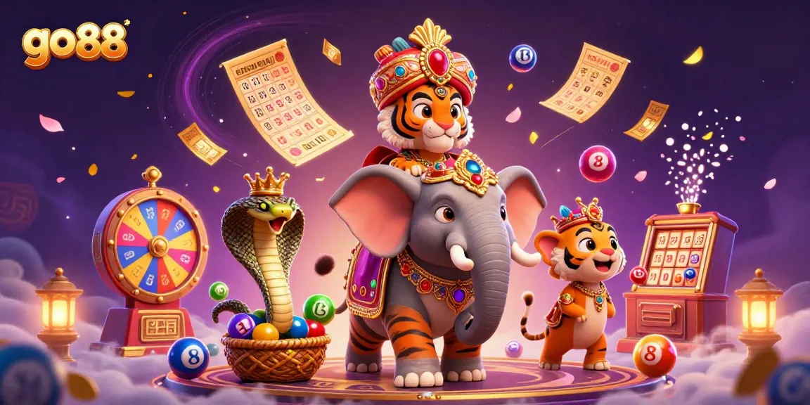 Experience exciting wins with go 88's vibrant 3D casino scene featuring colorful lottery elements.