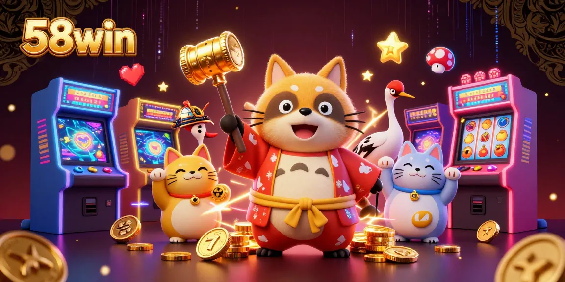Experience the vibrant world of 58win with a cheerful tanuki and slot elements in an exciting casino scene.