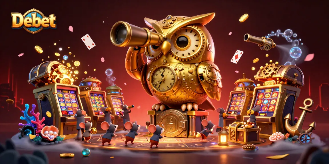 Experience the vibrant casino atmosphere with Debet, featuring a golden owl and lively mouse patrons in dynamic action.