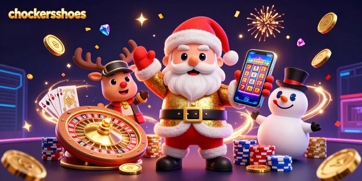 Chockersshoes presents a vibrant casino scene with captivating jackpot slots and festive characters.