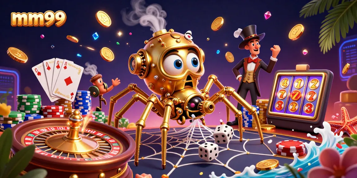 Experience excitement with mm99 as the golden spider captures dice in a rich casino scene.
