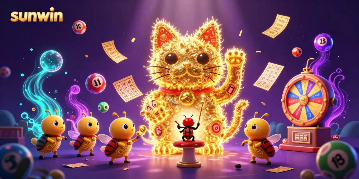 Experience the excitement of sunwin with dynamic lottery balls and a lucky cat in a vibrant casino scene.