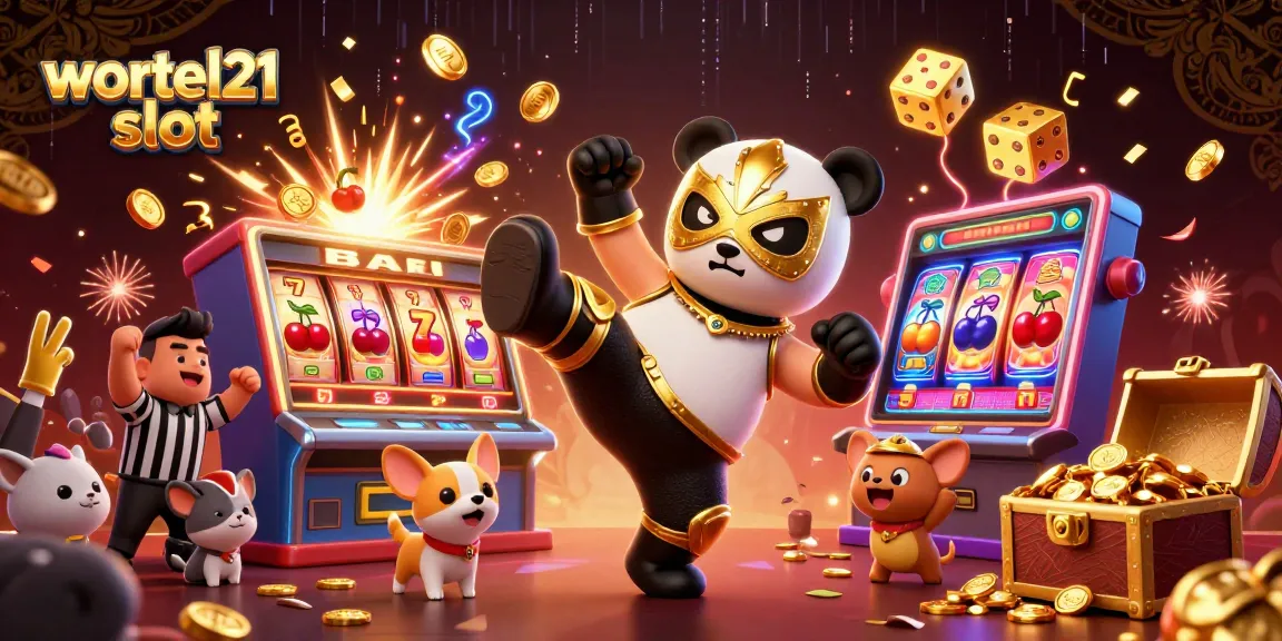 Experience the excitement of the wortel21 slot with a lively panda wrestler and animated casino elements.