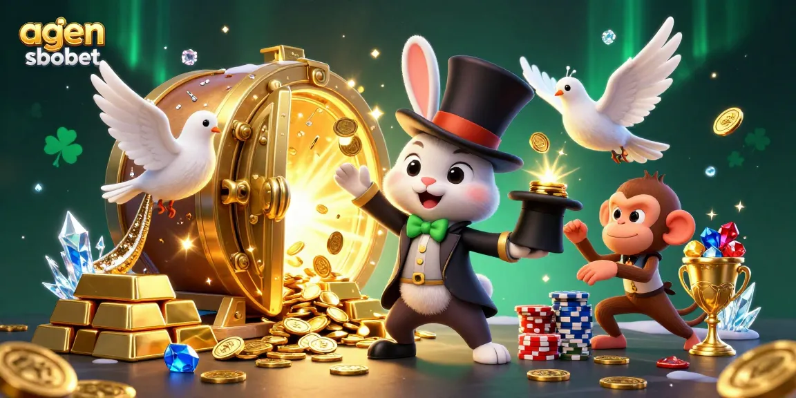 Engage with agen sbobet as a magician rabbit pulls golden coins from a hat amid dazzling casino elements.