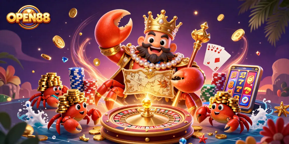 OPEN88 offers a vibrant illustration of casino excitement with a golden crab emperor and treasures.