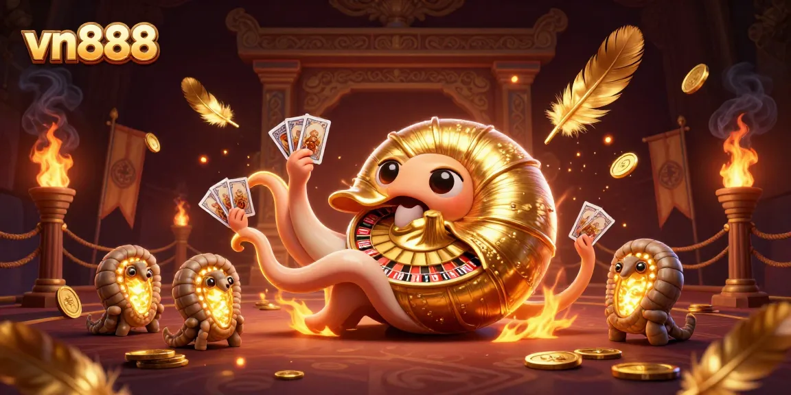 Engage in thrilling games with vn888's dynamic casino illustration, featuring a giant nautilus roulette wheel.