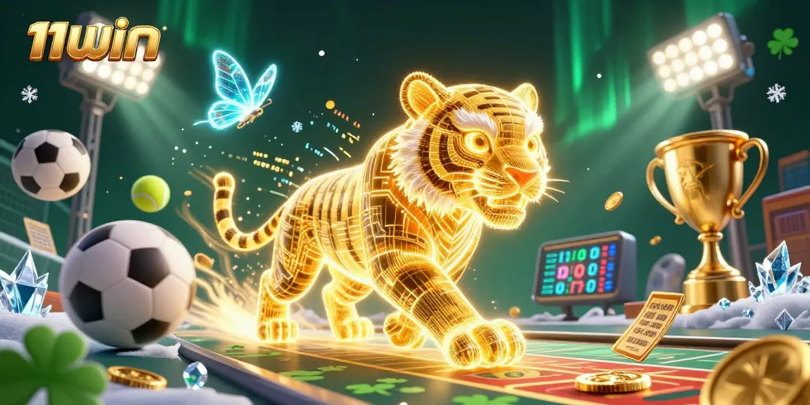 Experience thrilling action in 11WIN with a vibrant casino scene featuring a neon golden tiger.