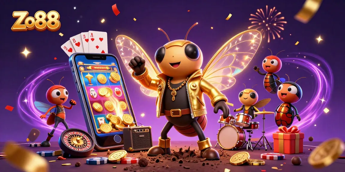 Experience the excitement of Zo88 with a buzzing cartoon rock star and vibrant casino elements.