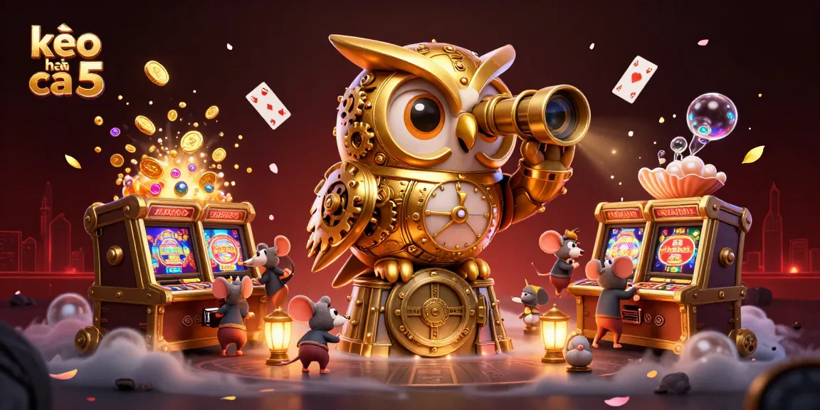 Experience kèo nhà cái 5 with a dynamic scene featuring a golden owl and vibrant casino elements.