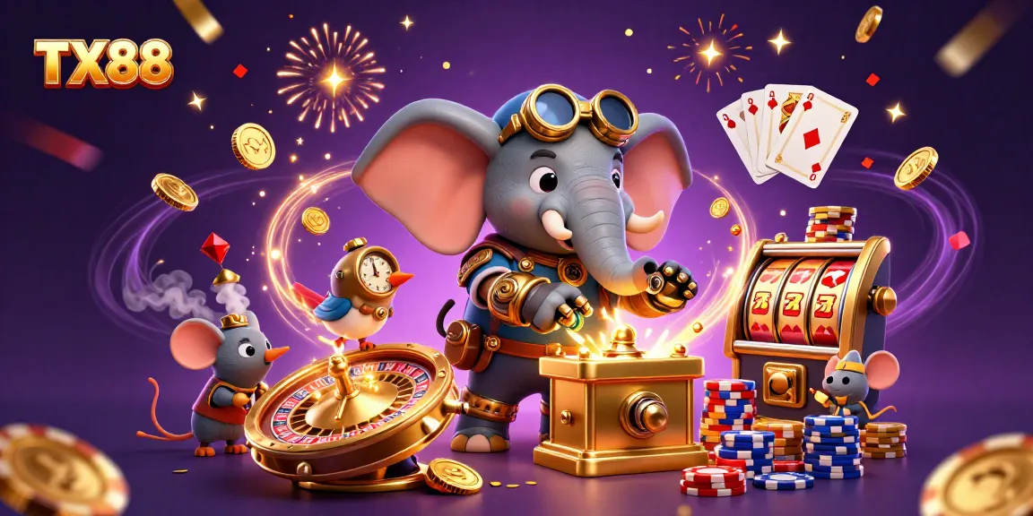 Spin the TX88 slot machine with steampunk characters and golden rewards raining down.