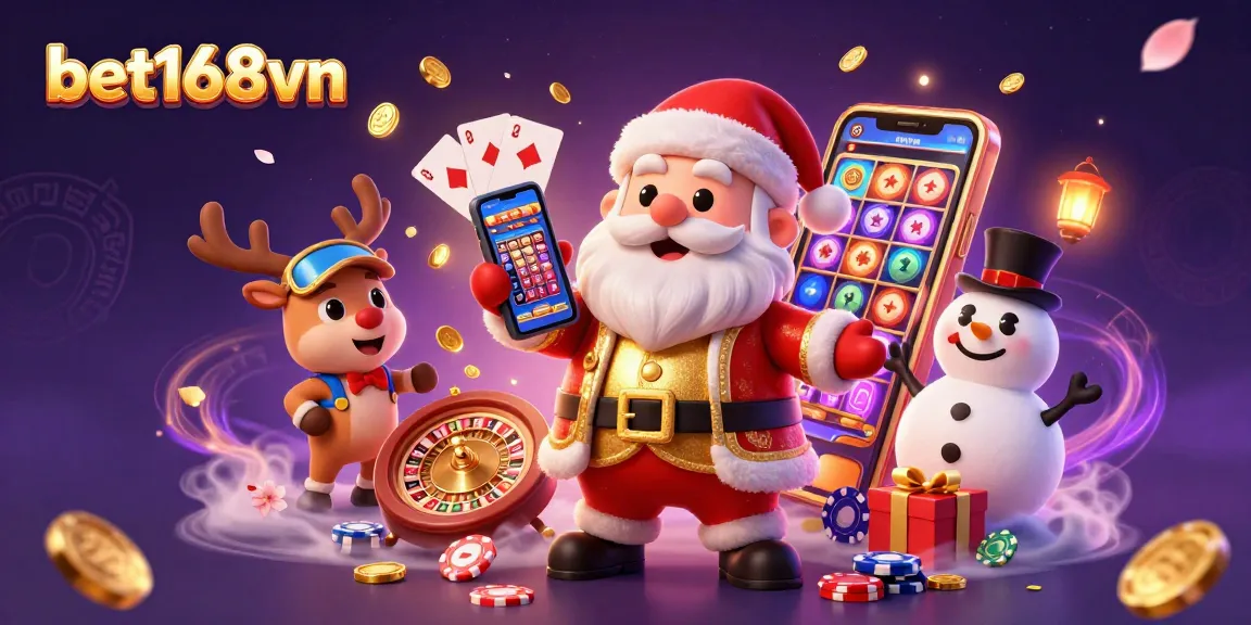 Experience gaming excitement with bet168vn in a vibrant, festive casino atmosphere featuring characters and symbols.