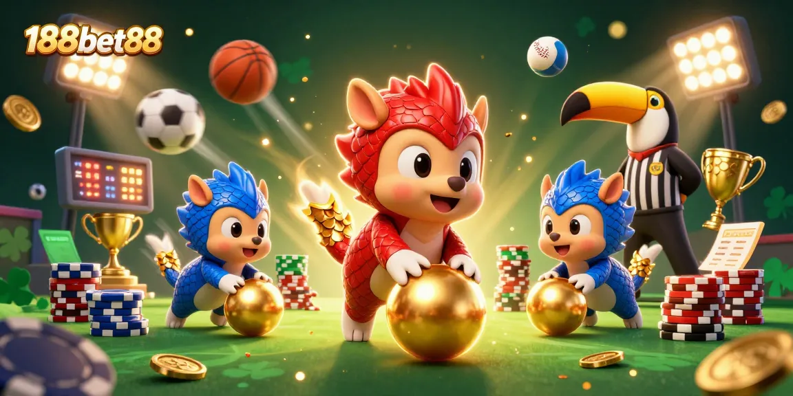 Compete at 188bet88 with cartoon pangolins rolling golden balls and poker chips in an exciting casino scene.