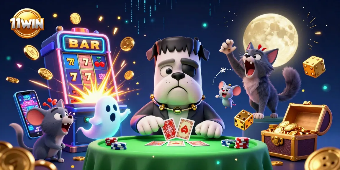 Experience thrilling wins with 11WIN's vibrant casino games featuring a unique 3D cartoon illustration.