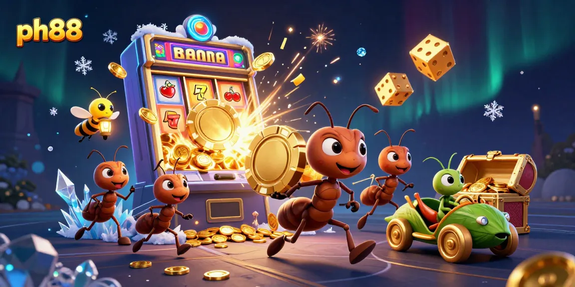 ph88 ants carrying a giant poker chip in a vibrant casino scene with colorful games and jackpots