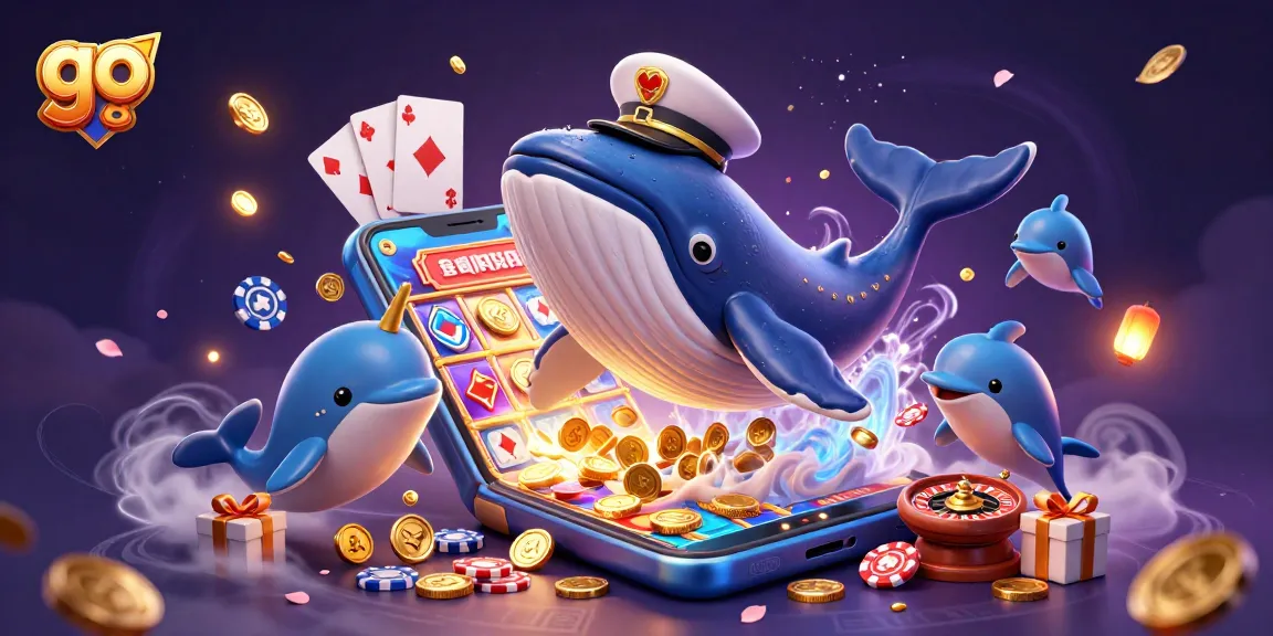 Experience the excitement of go 88 with a playful cartoon whale, dolphins, and a 3D smartphone, surrounded by casino elements.