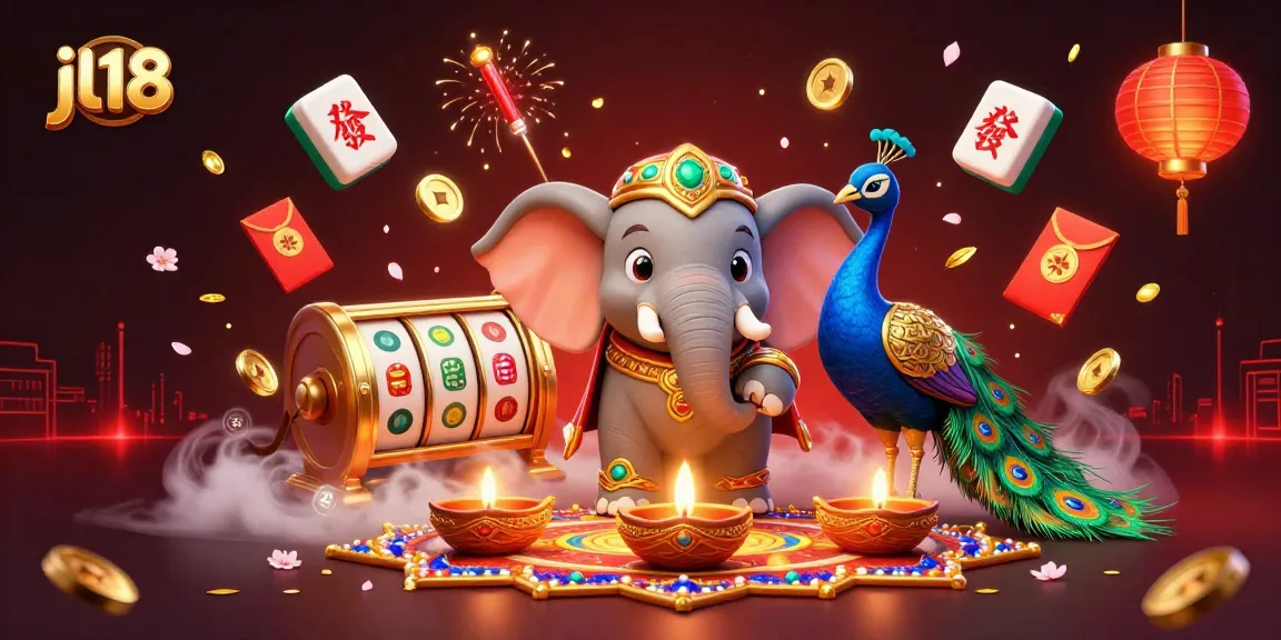 jl18's vibrant online casino scene showcases slot reels and lively characters amid festive decorations.