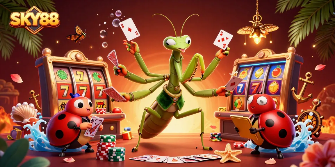 Engage with exciting slot games at SKY88 while giant mantis and ladybug add flair.
