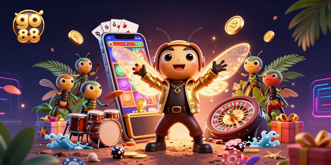 Spin and win at go 88 with a vibrant scene of an energetic cicada rock star and friends celebrating a jackpot.