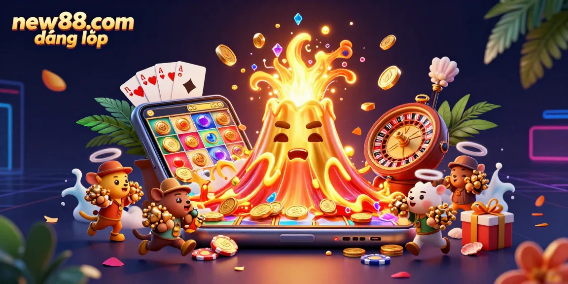 Engage in exciting gameplay with new88.com đăng nhập, featuring a cartoon golden volcano erupting coins amidst vibrant casino elements.