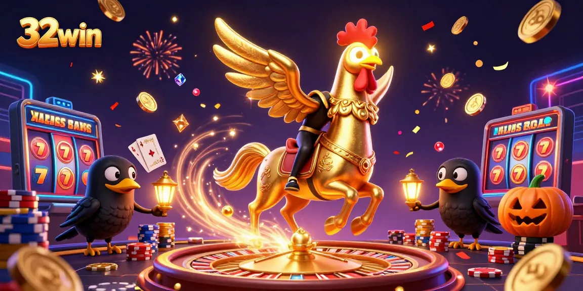 Experience the thrill of 32win with golden coins and vibrant gaming elements in this dynamic casino scene.