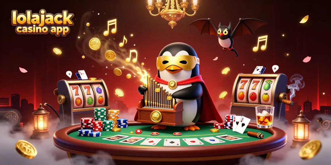 A vibrant scene showcasing the lolajack casino app with a 3D cartoon penguin playing for big wins at a poker table, surrounded by gold coins and gaming excitement.