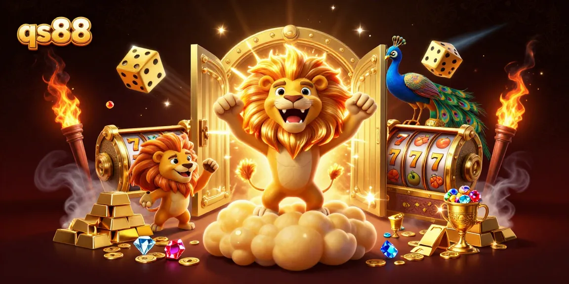 Experience thrilling gaming with qs88 in this vibrant, packed 3D casino illustration filled with action.