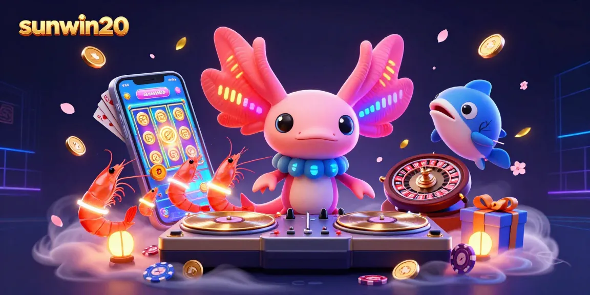Experience excitement at sunwin20 with a vibrant 3D illustration featuring an axolotl DJ amid a dynamic casino scene.