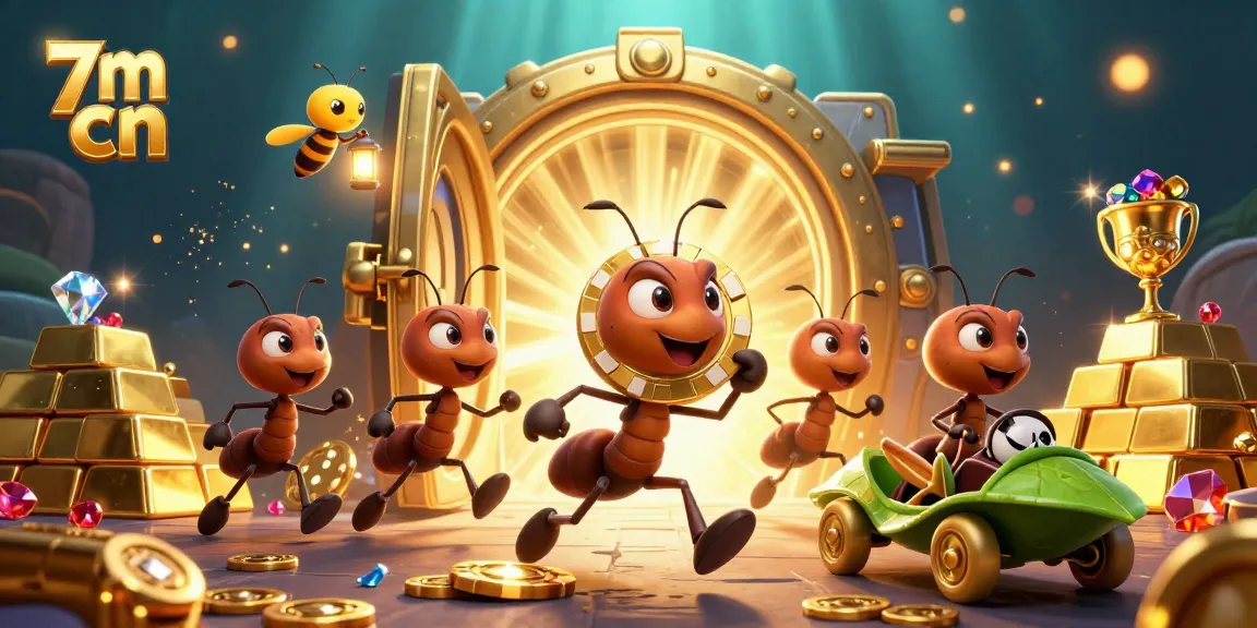 Experience the thrill of 7m cn with cartoon ants heisting a giant poker chip in a dazzling scene.