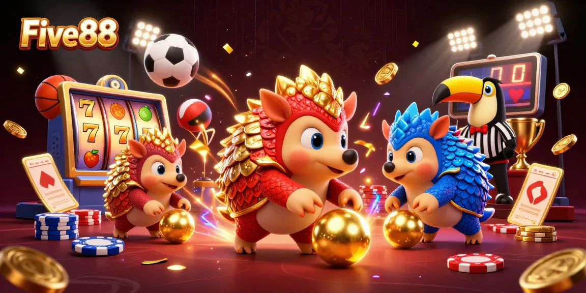 Five88 casino features vibrant 3D pangolins competing with poker chips in a dynamic illustration.