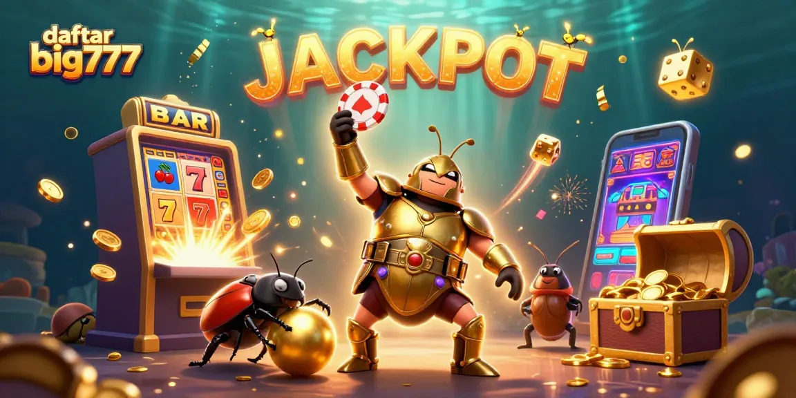 Spin to win at daftar big777 with a triumphant hercules beetle in vibrant casino scene