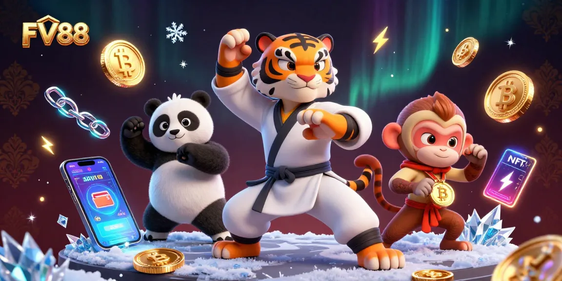 Experience the excitement of FV88 with a dynamic scene featuring a kung fu tiger and playful characters amidst casino elements.