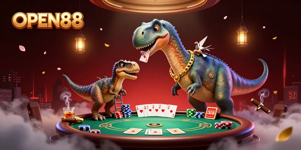 Experience excitement at OPEN88 with towering dinosaurs and vibrant poker elements in a dynamic casino scene.