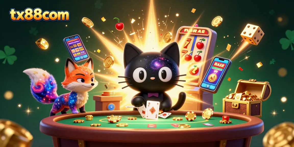 Experience the cosmic charm of tx88com with a friendly black hole cat at a vibrant casino table.