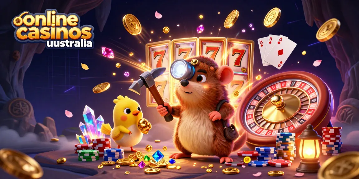 Engage with online casinos Australia through this vibrant 3D illustration of a treasure hunter mole in a casino cave.