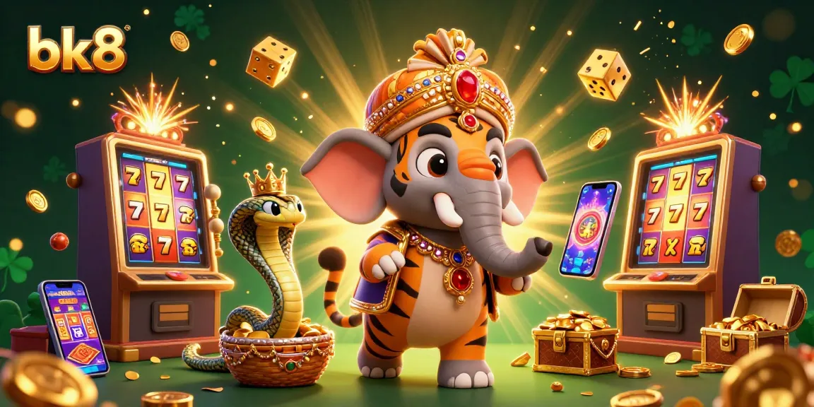 Experience thrilling jackpots at bk8 with a tiger maharaja, elephant, and vibrant casino elements.