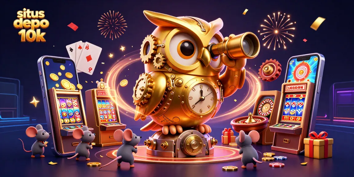 Situs depo 10k features a vibrant, ultra-detailed casino scene with an owl, slot machines, and festive elements.